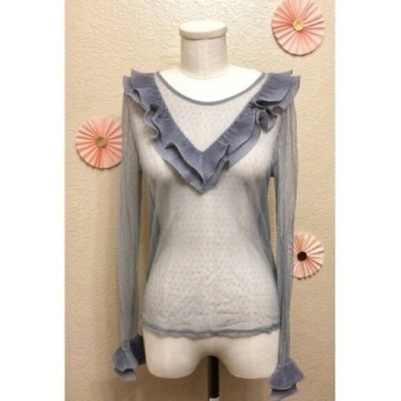 Topshop Blouse 6 NWT V Ruffle Swiss Dot Mesh Sheer Trendy Spring - Picture 4 of 13
